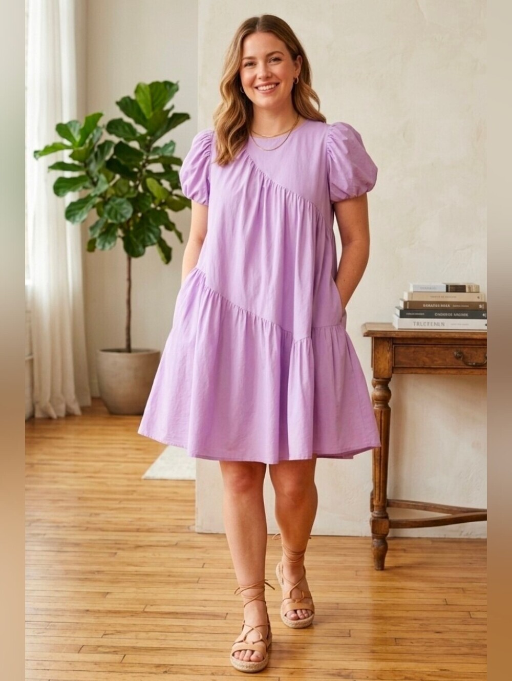 & Merci Lavendar Puff Sleeve Layered Mini Dress, Small